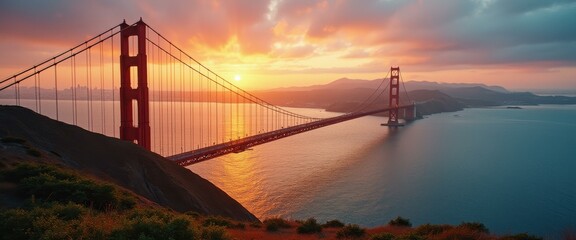 Obraz premium Grand Suspension Bridge at Sunset with Towering Supports, Dramatic Cables, and Coastal Scenery