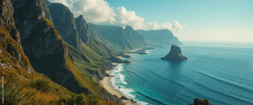 Poster rugged coastline with steep cliffs and a prominent rock formation in a calm ocean