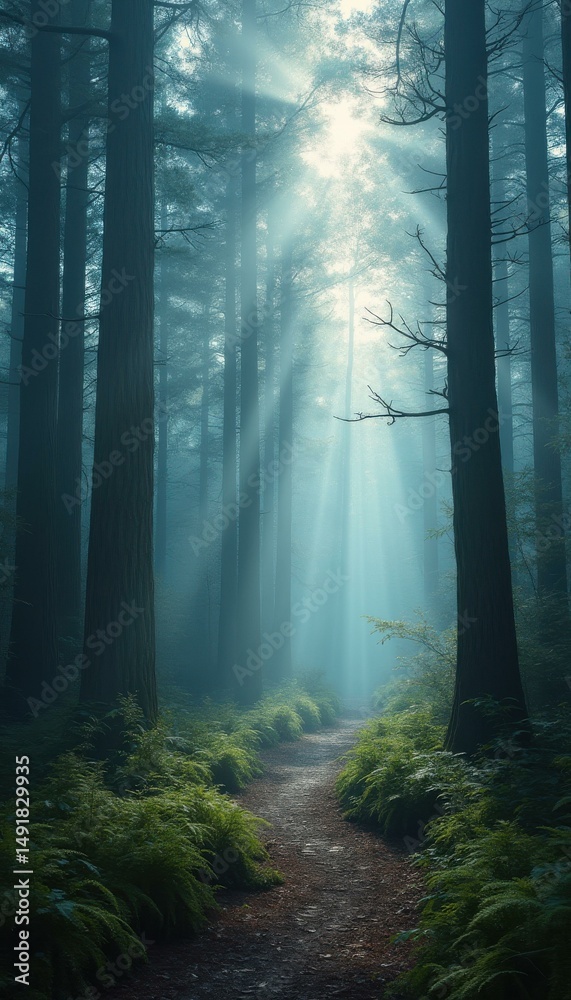 Poster mystical pathway through foggy forest with sunbeams filtering through tall trees, lush green ferns l