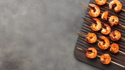 Juicy grilled shrimp skewers sit on a wooden platter, perfect for a summer barbecue gathering. Ideal for outdoor dining and culinary enjoyment
