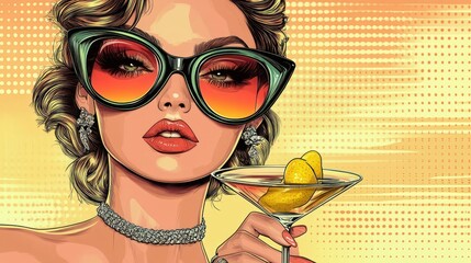 Stylish woman with large sunglasses and glamorous jewelry holding a cocktail glass with lemon twists against a vibrant yellow dot-patterned background