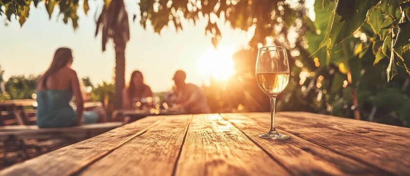 Friends are celebrating with a BBQ at sunset, sharing joy and laughter while enjoying wine in a warm and inviting outdoor space filled with greenery