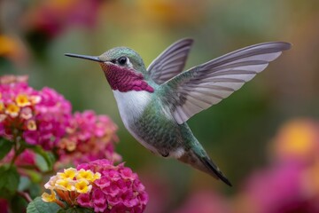 Naklejka premium Hummingbird Flying Near Flowers with Wings Spread