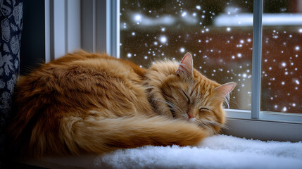 Orange tabby cat curled up and resting on a windowsill during a snowy day.
