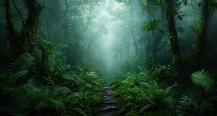 Dense foggy forest path surrounded by lush green ferns and tall moss-covered trees creating a mysterious and serene atmosphere