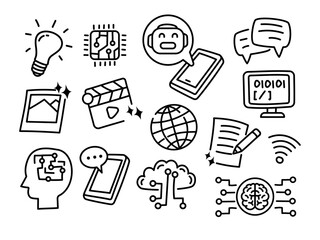 Ai technology doodle collection on a white background. Ai doodle elements