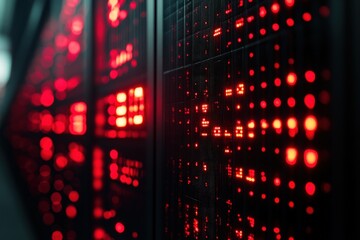 Dark room with glowing red data displays