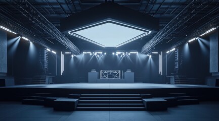 Dark, spacious stage with a geometric ceiling light, flanked by columns, and equipped with a DJ booth and lighting rigs