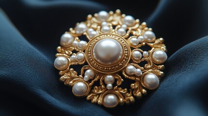 Delicate gold brooch with pearls on dark fabric