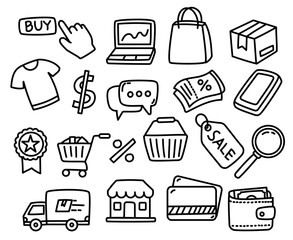 Online shopping doodles collection on a white background. Set of online shopping doodle elements