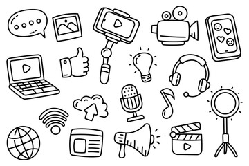 Content creator doodles collection on a white background. Set of content creator elements with doodle style