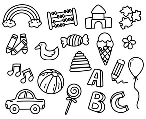 Preschool doodle collection on a white background. Set of preschool doodle elements
