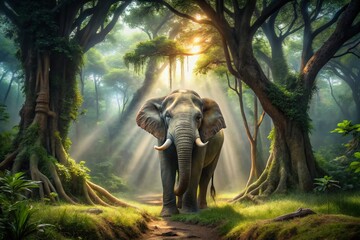 Fototapeta premium Majestic Elephant in Lush Forest - Long Exposure Wildlife Photography