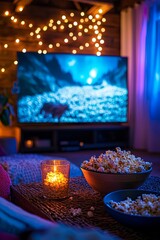 A living room in the evening with a movie playing and popcorn on the table A couple is sharing a film from one of their home countries and explaining the story The mood is relaxed and interested
