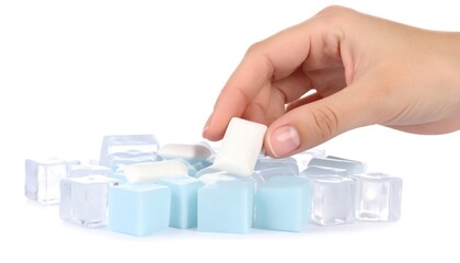 A hand selecting a white chewing gum piece from a pile of ice cubes. Some ice cubes are clear and others are blue. The composition is on a white background