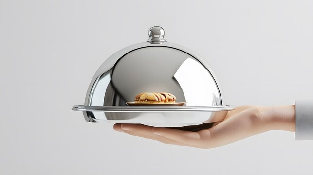 Polished silver platter holding a covered pastry.