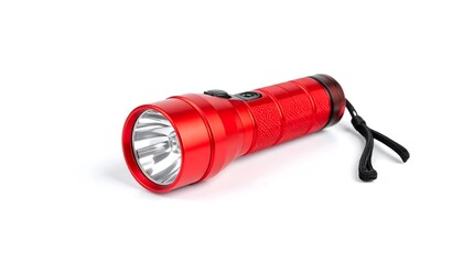 Isolated vibrant red flashlight on white background with a lanyard for easy carry ready to use