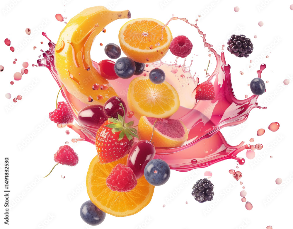 Aufkleber Assorted Fresh Fruits Splashing in Juice Creating an Abstract Composition