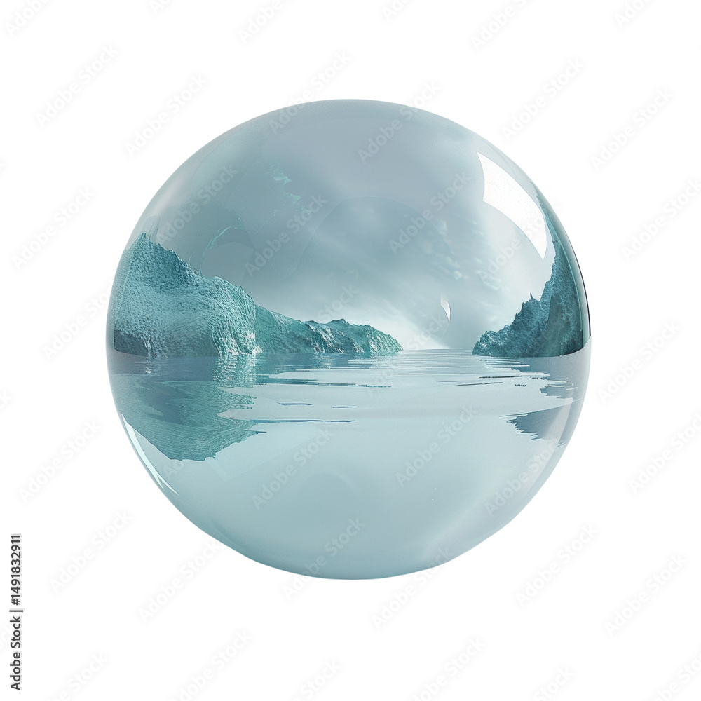 Poster mystical lagoon encapsulated in a crystal sphere, ethereal dreamscape