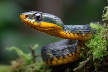 Obraz premium Snake Coiled on Mossy Branch Closeup Wildlife