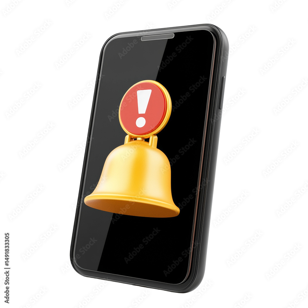 Poster shiny golden notification bell with exclamation mark alert on smartphone display