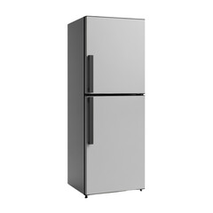 Sleek gray refrigerator with minimalist handles isolated on white backdrop