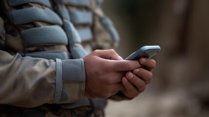 Close-up of a soldier in camouflage uniform using a smartphone.
