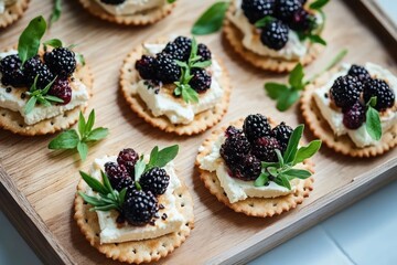 Close-up of crackers topped with creamy cheese, fresh blackberries, and green herb leaves arranged on a wooden serving tray conveying a fresh and elegant appetizer presentation