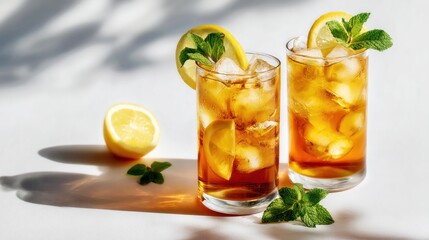 Fototapeta premium Refreshing iced tea, garnished with lemon and mint