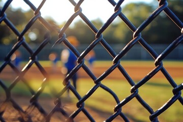 Fototapeta premium Close-up of a metal chain-link fence with a blurred background showing baseball players on a sunny day