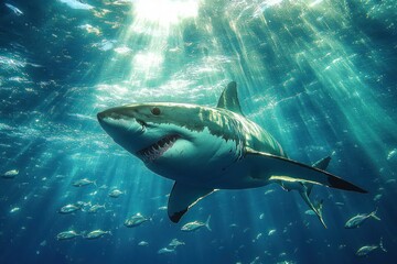 Fototapeta premium Large great white shark swimming underwater surrounded by smaller fish with sun rays penetrating the ocean surface creating a dramatic scene
