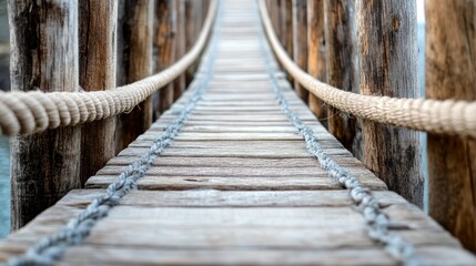 Detailed View of Wooden Bridge Pathway with Ropes and Textures