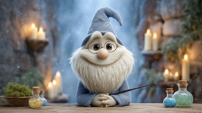 Smiling wizard character with glasses sits at wooden table in enchanting workshop. Colorful potions fill glass jars, warm candlelight creates cozy atmosphere