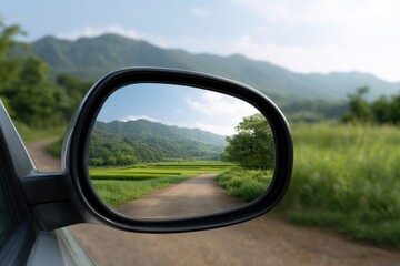 Driving Through Countryside Road Reflected in Car Mirror