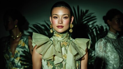 Half Body Portrait of an Elegant Asian Woman in Modern Floral Fashion Design with Natural Elements