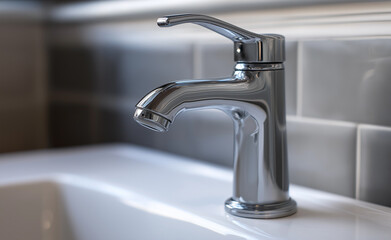Close-up of a shiny chrome faucet above a white sink in a clean, tiled bathroom.
