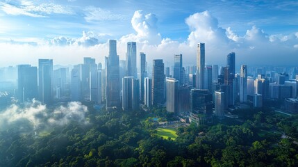 Sunrise over city skyline, hazy park below, aerial view, urban development