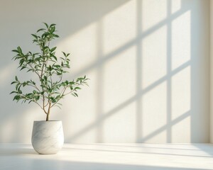 Fototapeta premium Green leafy plant in a white marble pot basking in soft natural sunlight with shadows cast on a plain white wall, creating a calm and serene atmosphere