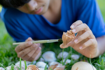 A young boy carefully cleans a seashell with a brush while lying on the grass, showcasing curiosity, nature appreciation, and a hands-on learning experience—ideal for education or hobby concepts.