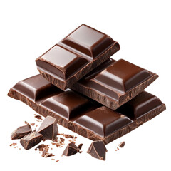 Delicious dark chocolate bars stacked with broken pieces