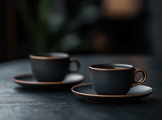 Fototapeta premium Two dark grey espresso cups with copper rims on a dark grey table.