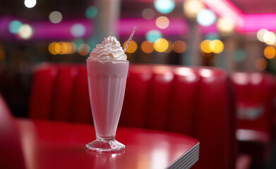 Strawberry milkshake with whipped cream in a retro diner setting.
