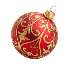 red Christmas ball with golden ornamental decorati isolated on white background