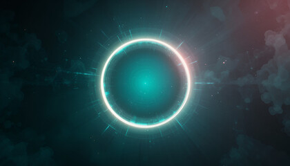 Obraz premium A glowing circular light spot with oval shine and turquoise-cyan gradients on a dark emerald green abstract background, with subtle grain texture and ethereal radiance