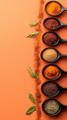 Various spices are beautifully displayed in black measuring spoons on a vibrant orange surface, showcasing a colorful selection perfect for culinary use