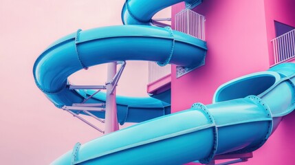 Pink building with turquoise spiral water slides.