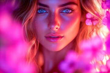 Commercial promotion conceptual art. Stunning caucasian young woman surrounded by cherry blossoms. Spring mood, dark night and warm mystic light - complementary lighting.