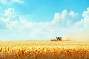 Fototapeta premium Panoramic view at combine harvester working on a wheat field. Harvesting the wheat. Agriculture. Panoramic banner.