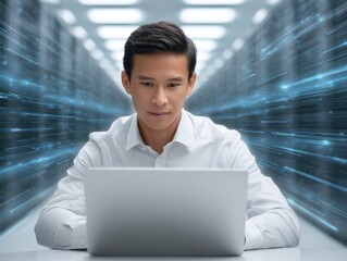 Man Using Laptop in Modern Server Room Environment