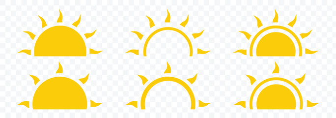 Yellow sun icon set. Sun icon. Summer, sunlight, nature, sky. Brightness icon. Vector illustration